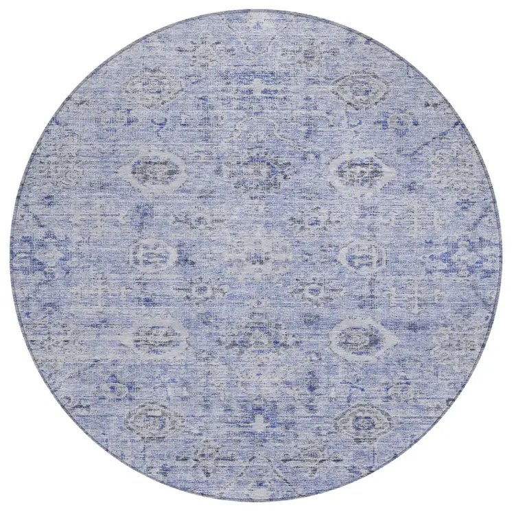 8' Blue And Gray Round Damask Washable Indoor Outdoor Area Rug