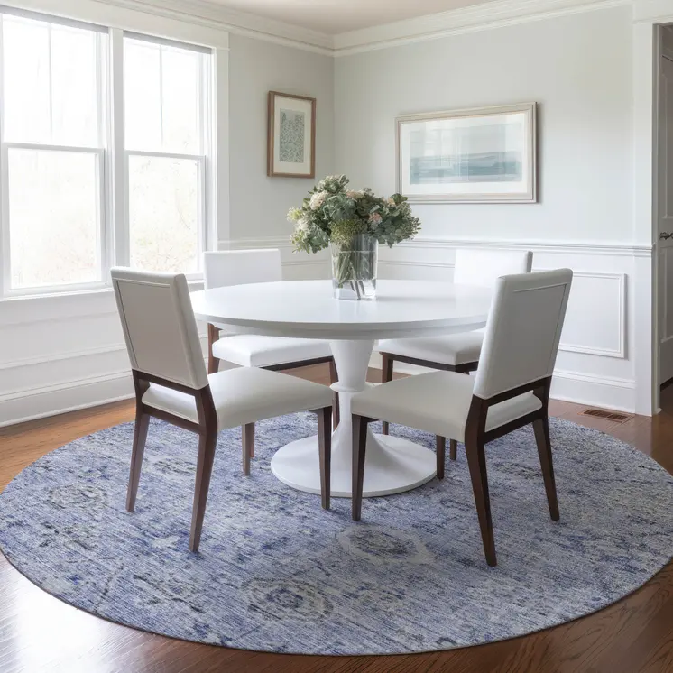 8' Blue And Gray Round Damask Washable Indoor Outdoor Area Rug