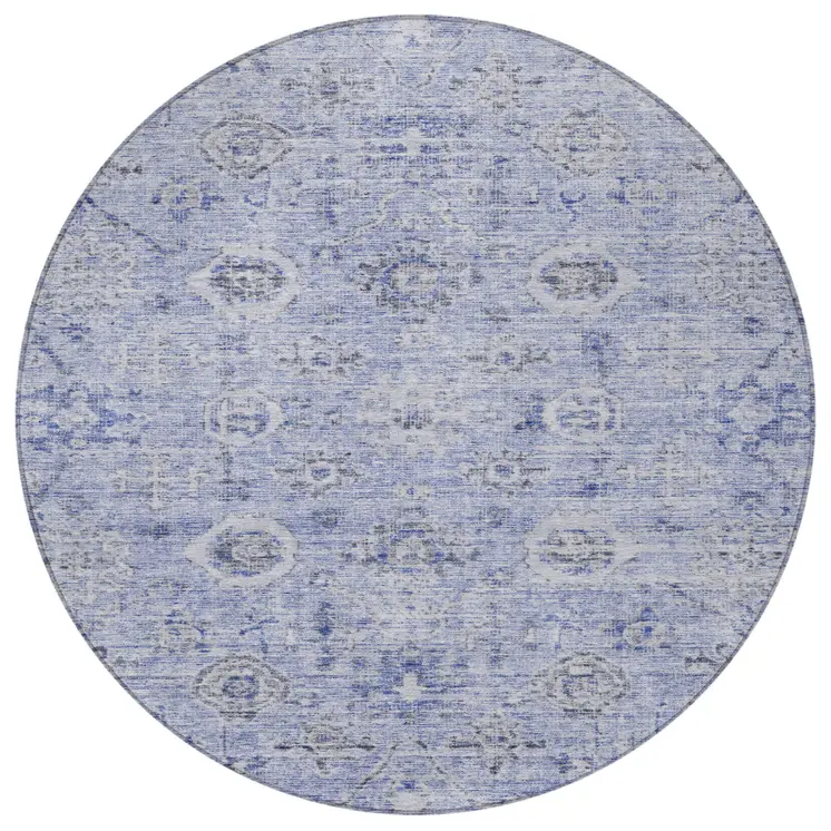 8' Blue And Gray Round Damask Washable Indoor Outdoor Area Rug