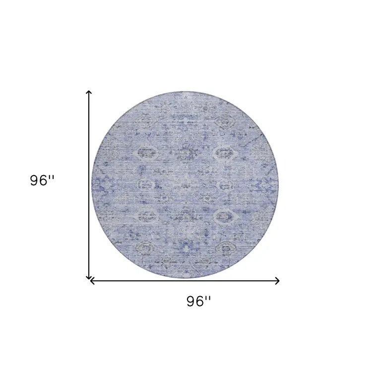 8' Blue And Gray Round Damask Washable Indoor Outdoor Area Rug
