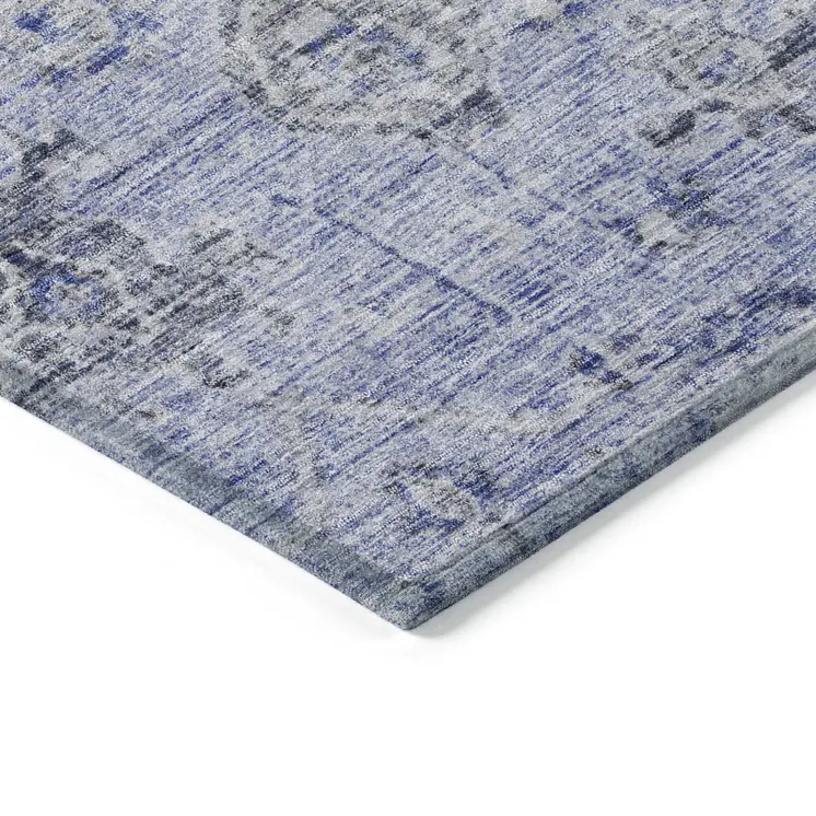 9' X 12' Blue And Gray Damask Washable Indoor Outdoor Area Rug