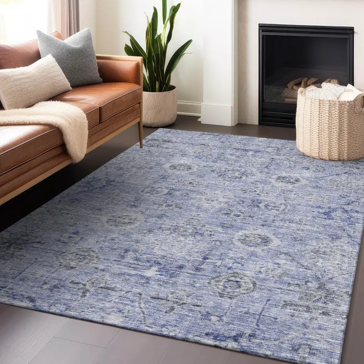 9' X 12' Blue And Gray Damask Washable Indoor Outdoor Area Rug