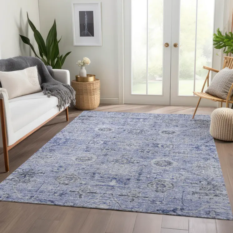 9' X 12' Blue And Gray Damask Washable Indoor Outdoor Area Rug