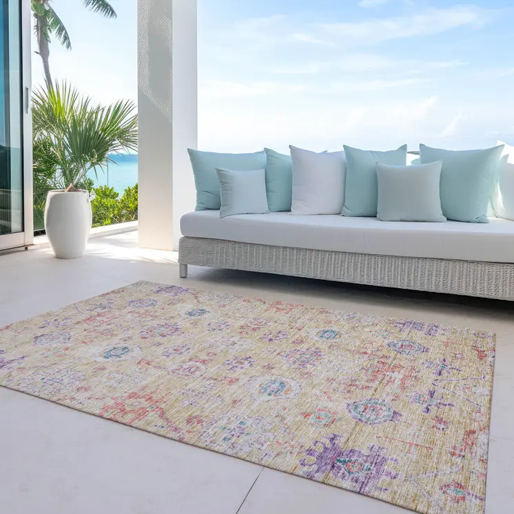 5' X 8' Orange Purple And Teal Blue Damask Washable Indoor Outdoor Area Rug