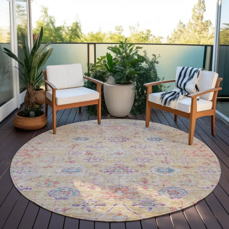 8' Orange Purple And Teal Blue Round Damask Washable Indoor Outdoor Area Rug