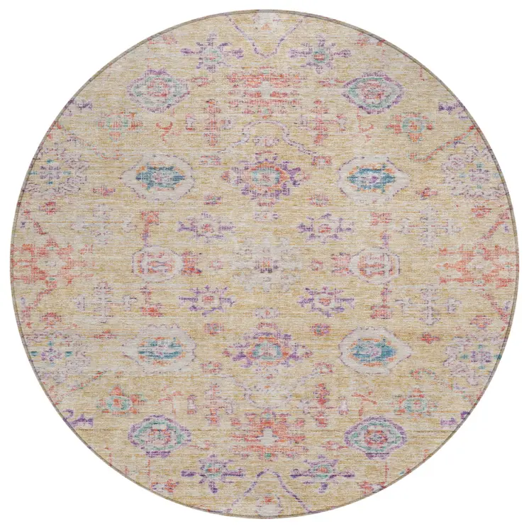 8' Orange Purple And Teal Blue Round Damask Washable Indoor Outdoor Area Rug