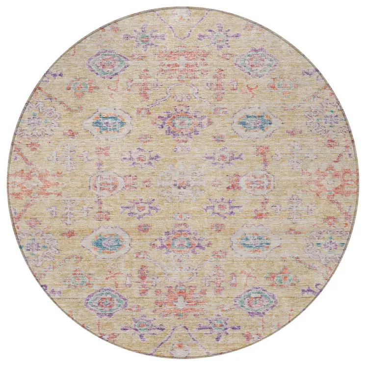 8' Orange Purple And Teal Blue Round Damask Washable Indoor Outdoor Area Rug