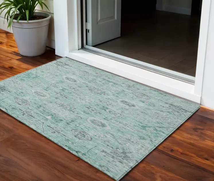 3' X 5' Teal Blue Ivory And Gray Damask Washable Indoor Outdoor Area Rug