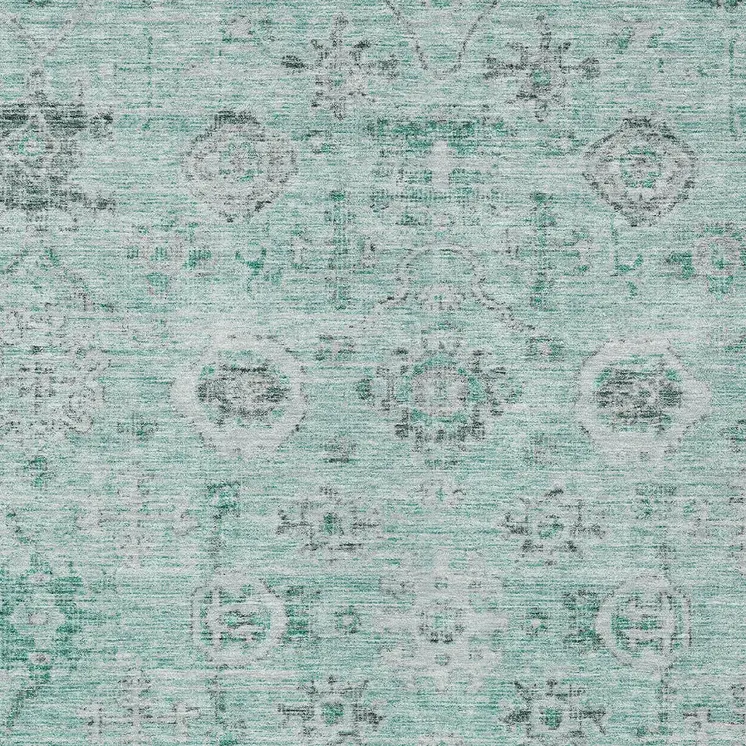 5' X 8' Teal Blue Ivory And Gray Damask Washable Indoor Outdoor Area Rug