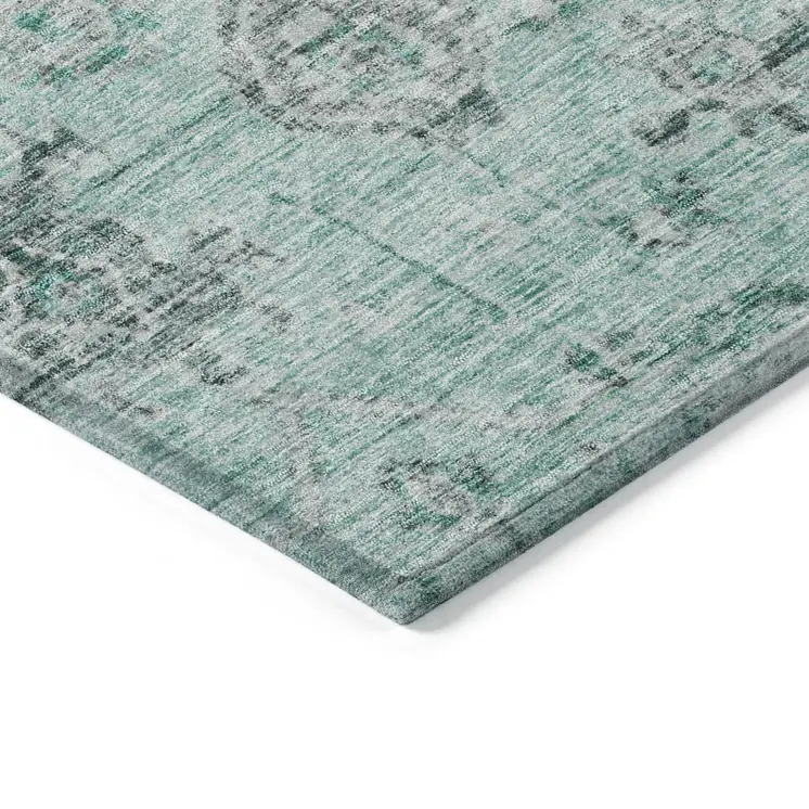 8' Teal Blue Ivory And Gray Round Damask Washable Indoor Outdoor Area Rug
