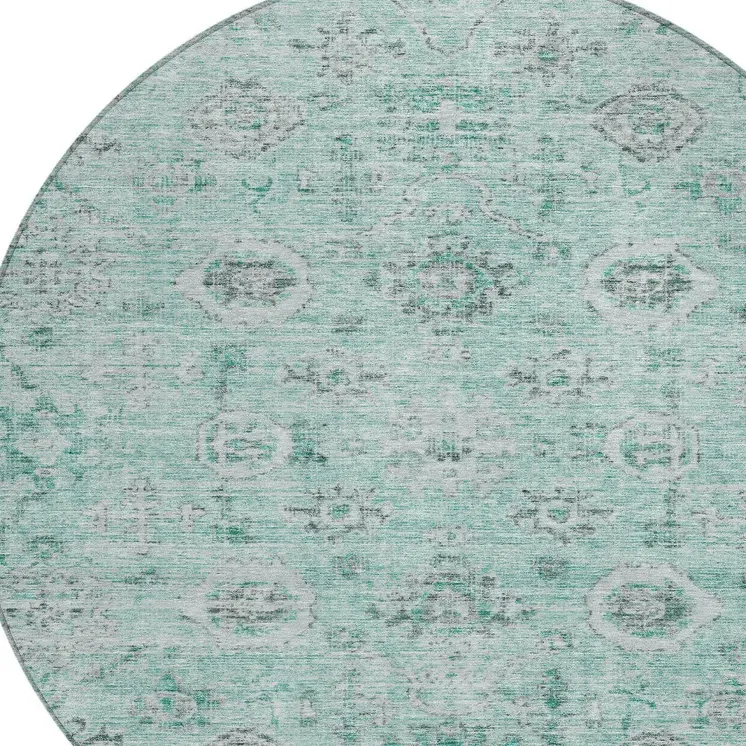 8' Teal Blue Ivory And Gray Round Damask Washable Indoor Outdoor Area Rug