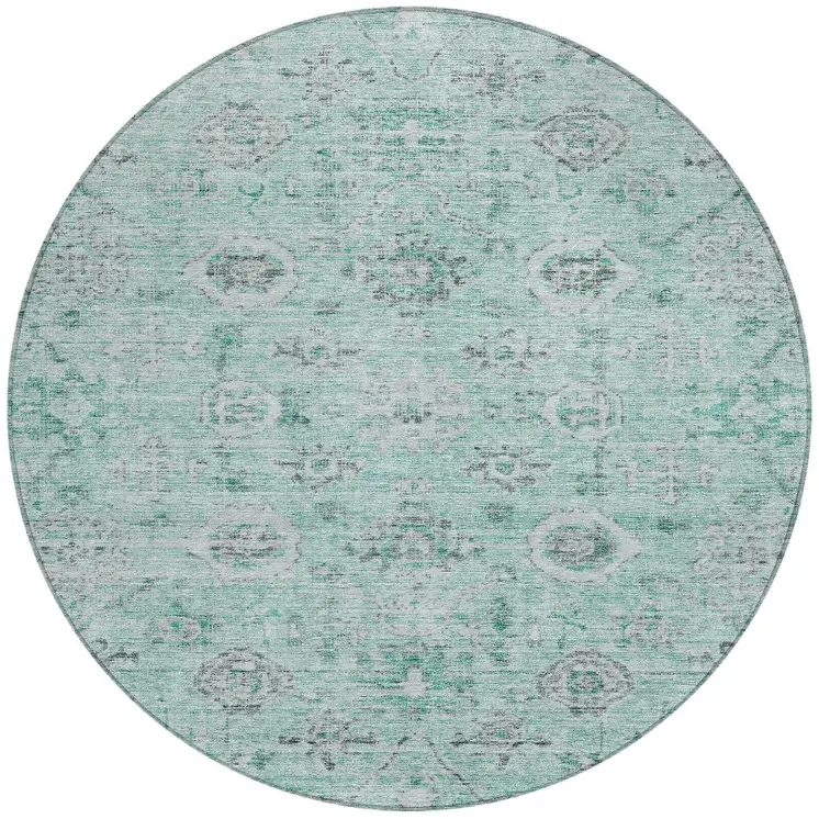 8' Teal Blue Ivory And Gray Round Damask Washable Indoor Outdoor Area Rug