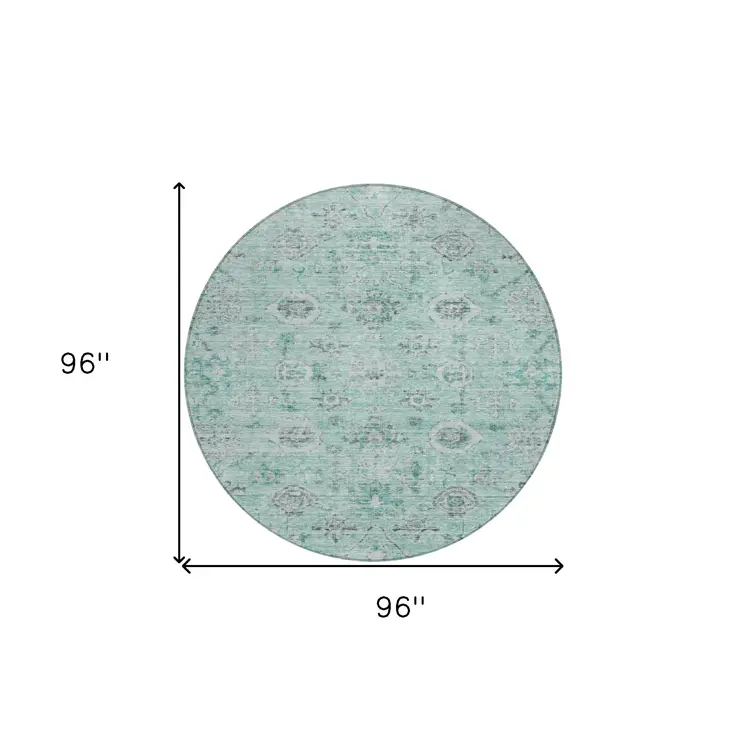 8' Teal Blue Ivory And Gray Round Damask Washable Indoor Outdoor Area Rug