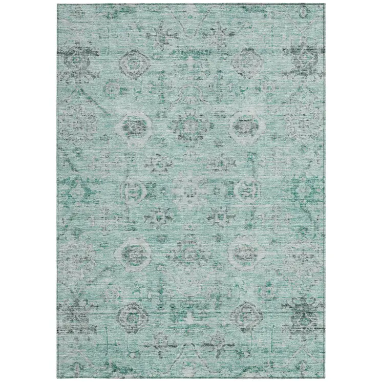 8' X 10' Teal Blue Ivory And Gray Damask Washable Indoor Outdoor Area Rug