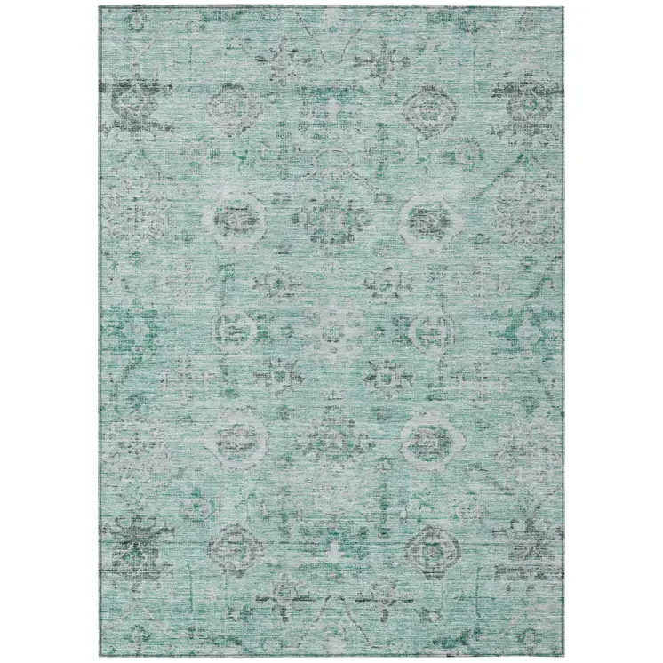 8' X 10' Teal Blue Ivory And Gray Damask Washable Indoor Outdoor Area Rug