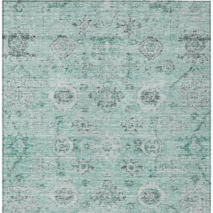 9' X 12' Teal Blue Ivory And Gray Damask Washable Indoor Outdoor Area Rug