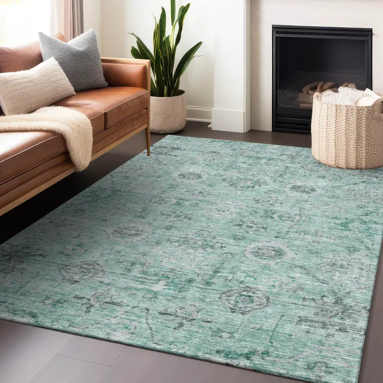 9' X 12' Teal Blue Ivory And Gray Damask Washable Indoor Outdoor Area Rug