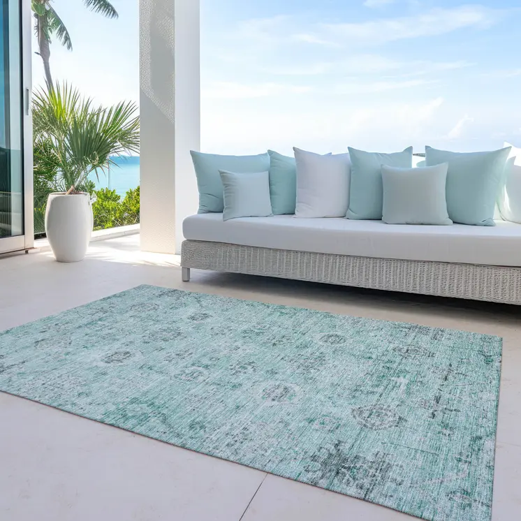 10' X 14' Teal Blue Ivory And Gray Damask Washable Indoor Outdoor Area Rug