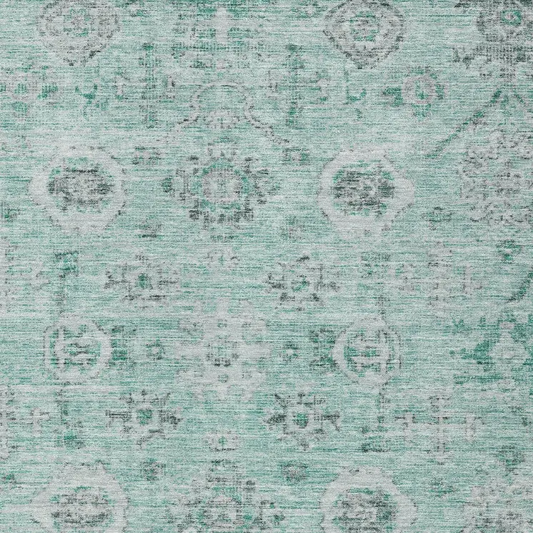 10' X 14' Teal Blue Ivory And Gray Damask Washable Indoor Outdoor Area Rug