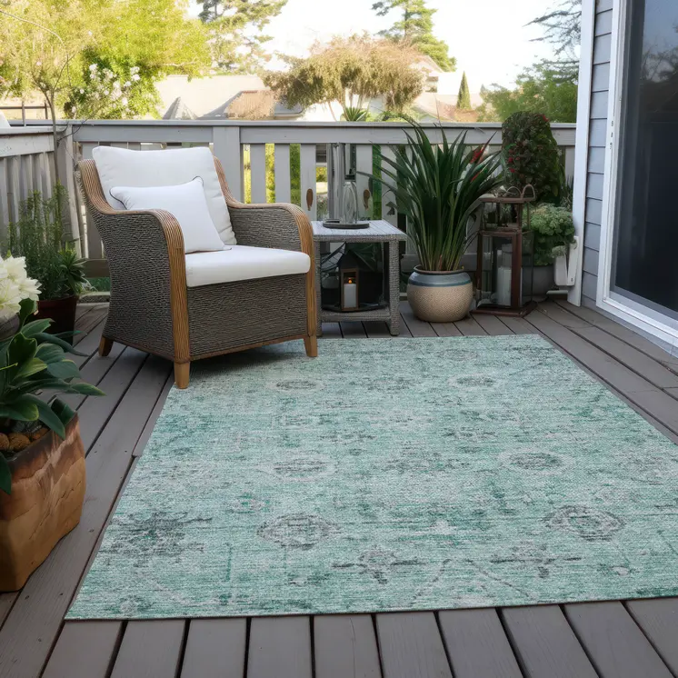 10' X 14' Teal Blue Ivory And Gray Damask Washable Indoor Outdoor Area Rug