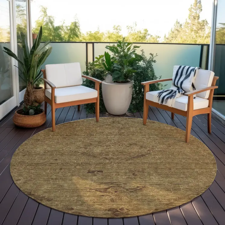 8' Brown And Tan Round Floral Washable Indoor Outdoor Area Rug