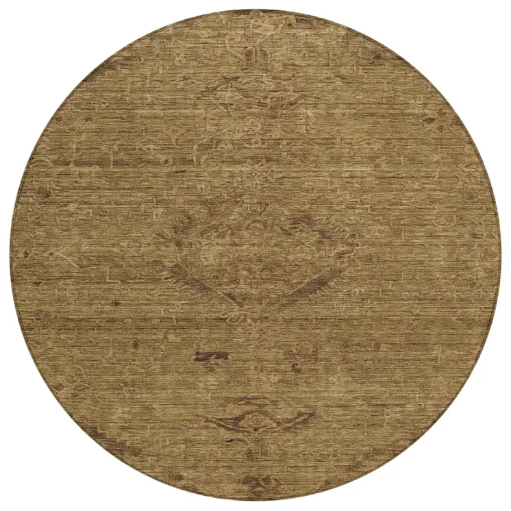 8' Brown And Tan Round Floral Washable Indoor Outdoor Area Rug