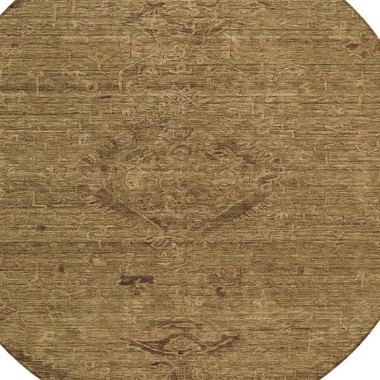 8' Brown And Tan Round Floral Washable Indoor Outdoor Area Rug