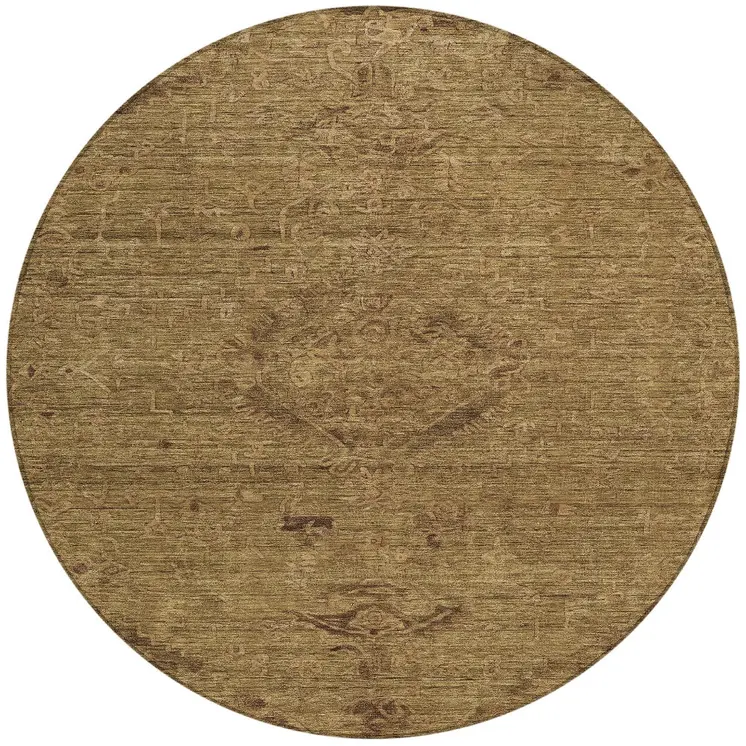 8' Brown And Tan Round Floral Washable Indoor Outdoor Area Rug