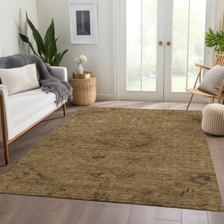 10' X 14' Brown And Tan Floral Washable Indoor Outdoor Area Rug