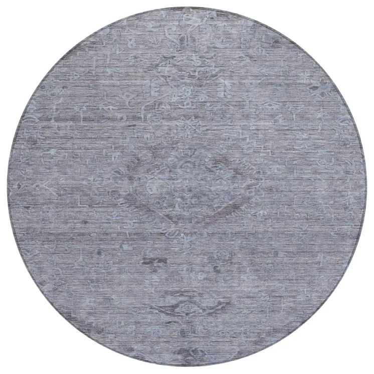 8' Blue And Gray Round Floral Washable Indoor Outdoor Area Rug