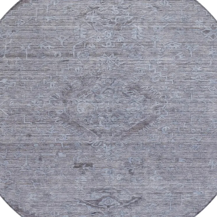 8' Blue And Gray Round Floral Washable Indoor Outdoor Area Rug