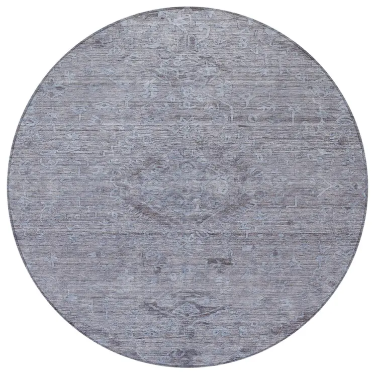 8' Blue And Gray Round Floral Washable Indoor Outdoor Area Rug