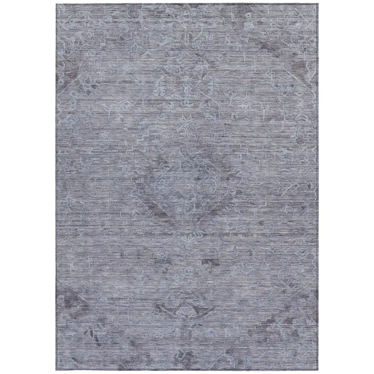 8' X 10' Blue And Gray Floral Washable Indoor Outdoor Area Rug
