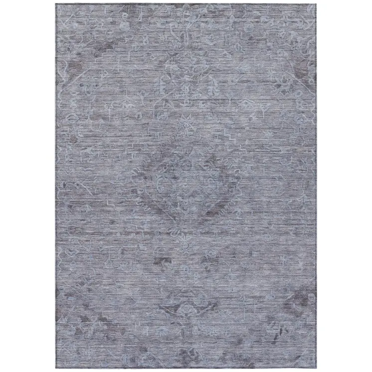 8' X 10' Blue And Gray Floral Washable Indoor Outdoor Area Rug