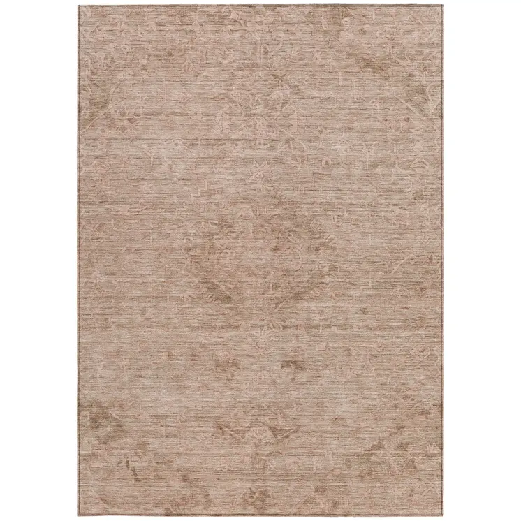 5' X 8' Coral And Tan Floral Washable Indoor Outdoor Area Rug