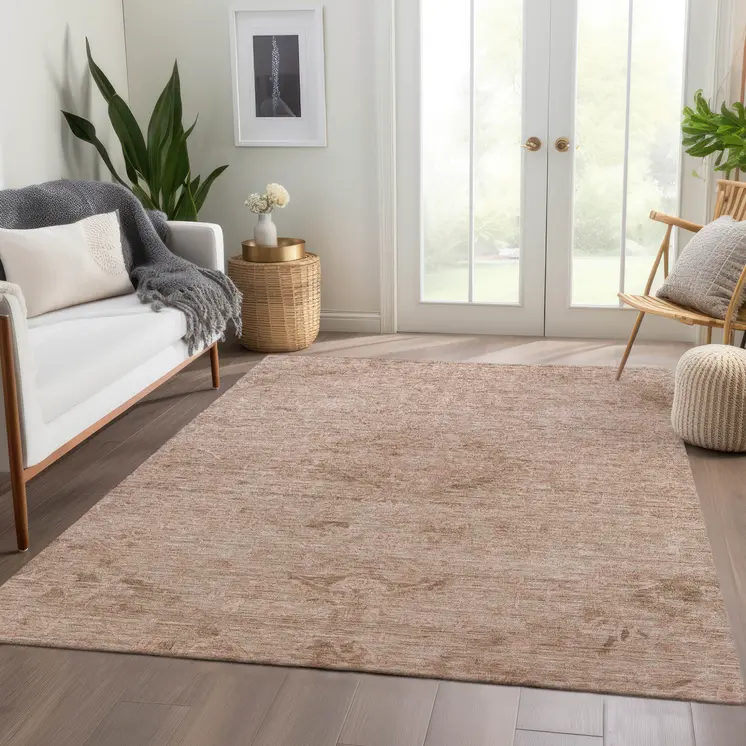 5' X 8' Coral And Tan Floral Washable Indoor Outdoor Area Rug