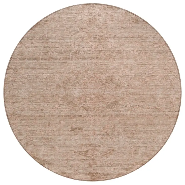 8' Coral And Tan Round Floral Washable Indoor Outdoor Area Rug