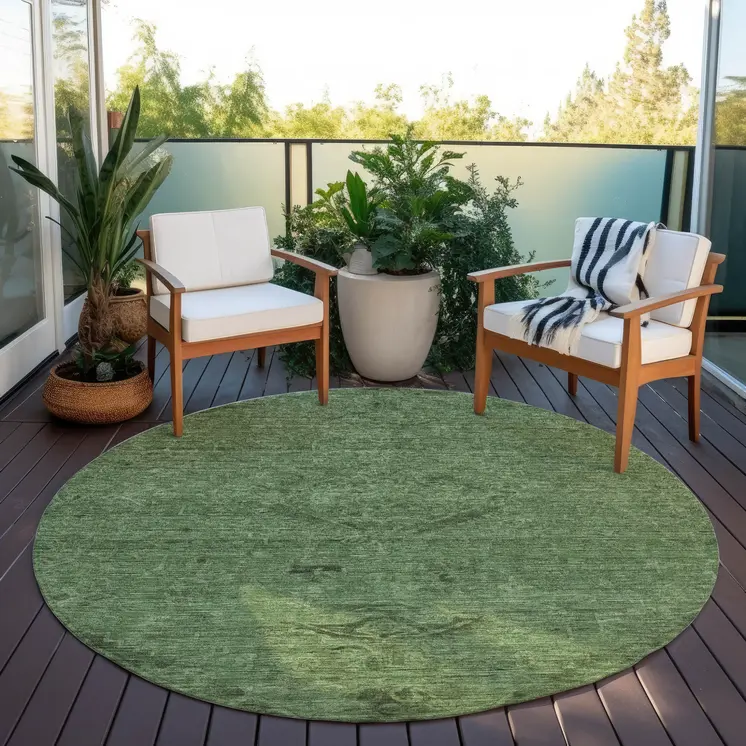 8' Fern Green And Dark Green Round Floral Washable Indoor Outdoor Area Rug