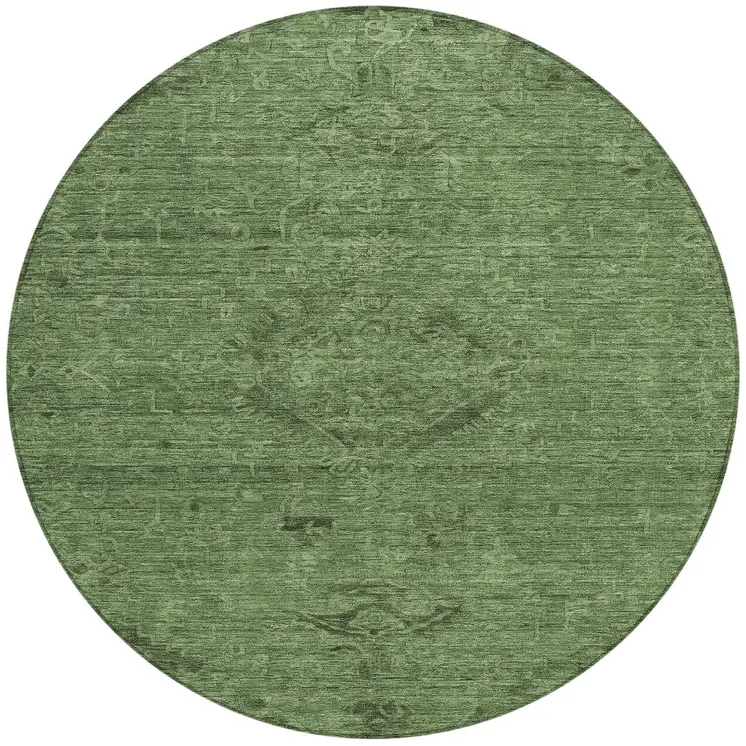 8' Fern Green And Dark Green Round Floral Washable Indoor Outdoor Area Rug