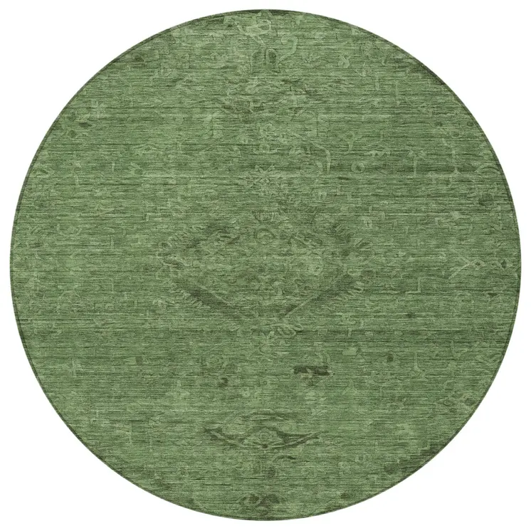 8' Fern Green And Dark Green Round Floral Washable Indoor Outdoor Area Rug