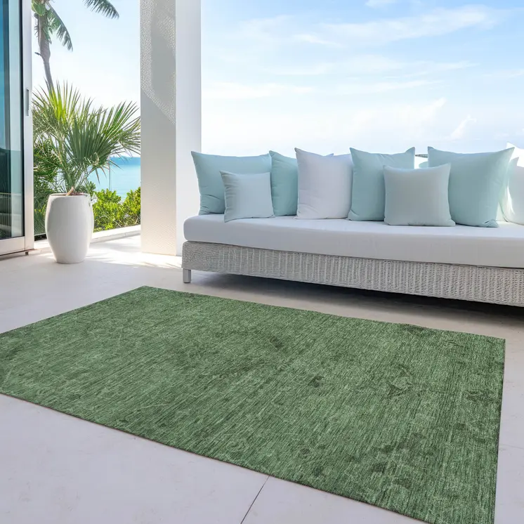 10' X 14' Fern Green And Dark Green Floral Washable Indoor Outdoor Area Rug