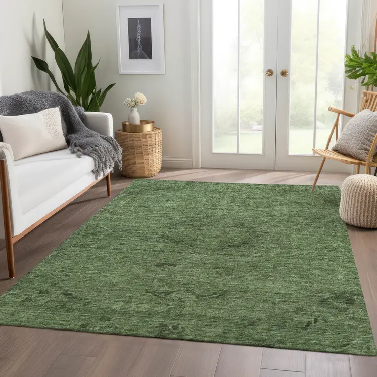10' X 14' Fern Green And Dark Green Floral Washable Indoor Outdoor Area Rug