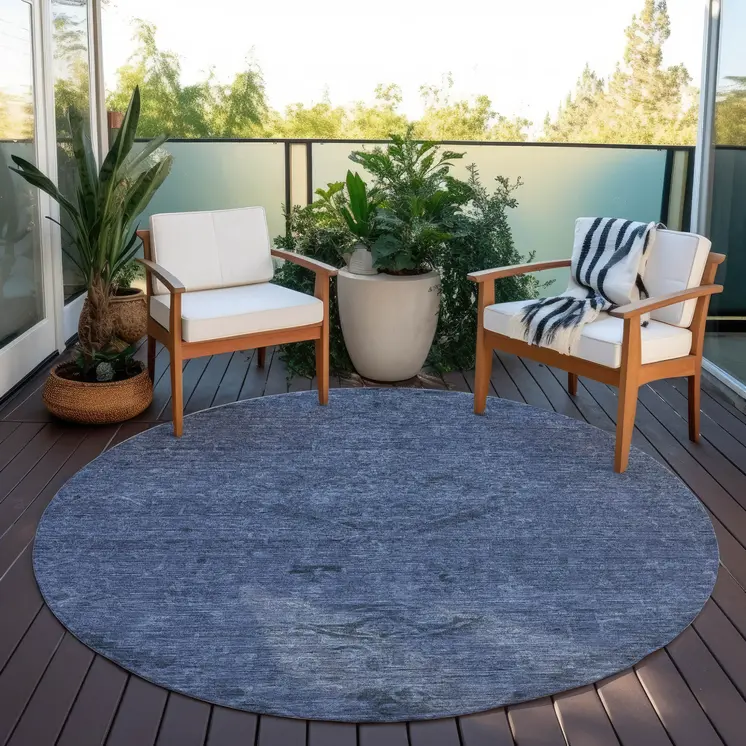 8' Navy Blue And Charcoal Round Floral Washable Indoor Outdoor Area Rug