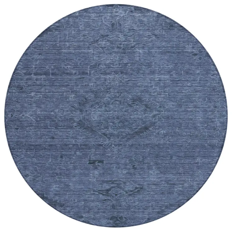 8' Navy Blue And Charcoal Round Floral Washable Indoor Outdoor Area Rug