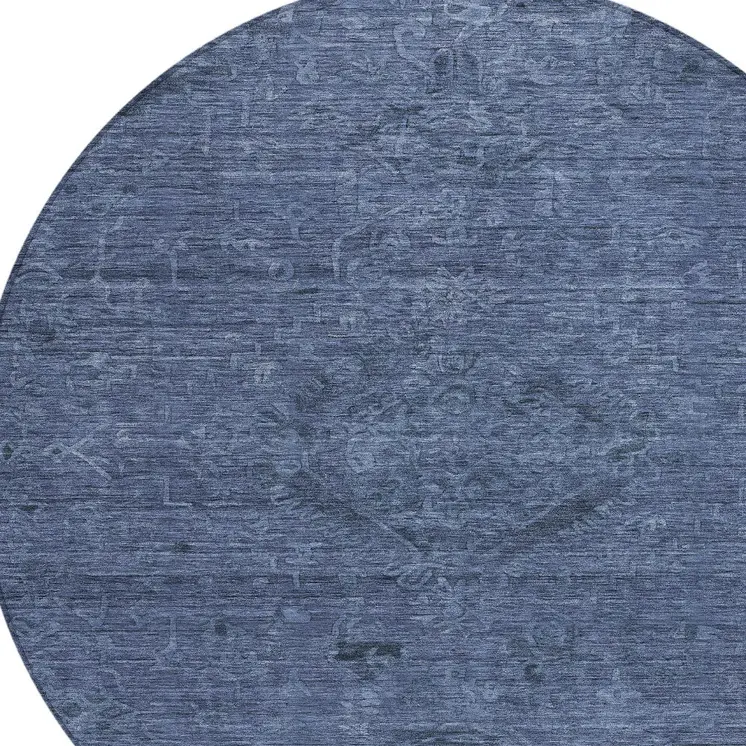 8' Navy Blue And Charcoal Round Floral Washable Indoor Outdoor Area Rug