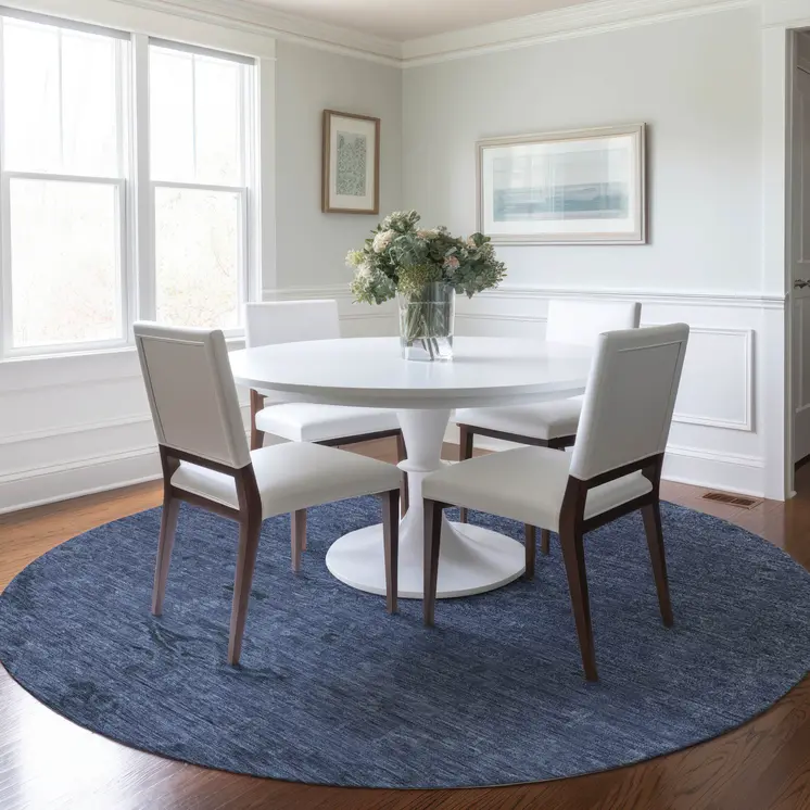 8' Navy Blue And Charcoal Round Floral Washable Indoor Outdoor Area Rug