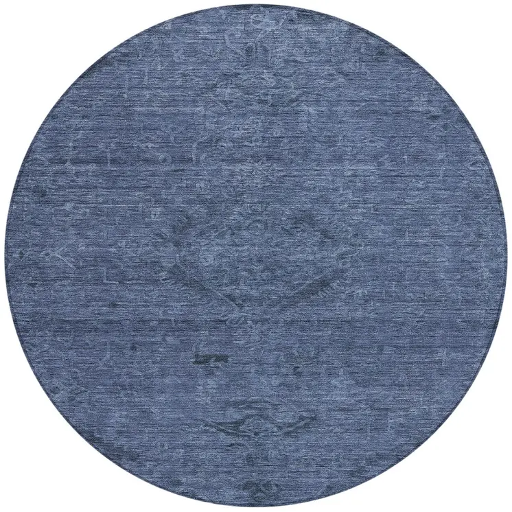 8' Navy Blue And Charcoal Round Floral Washable Indoor Outdoor Area Rug