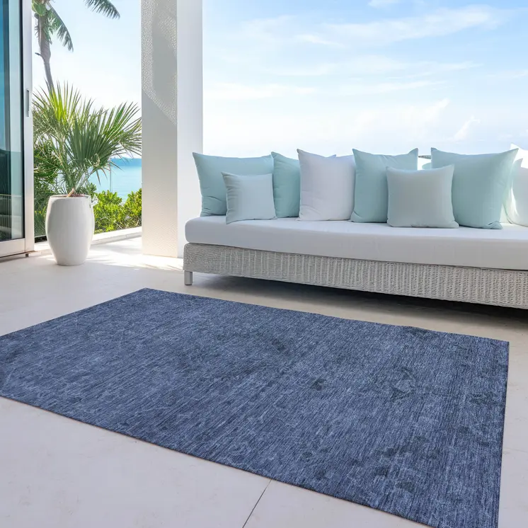8' X 10' Navy Blue And Charcoal Floral Washable Indoor Outdoor Area Rug