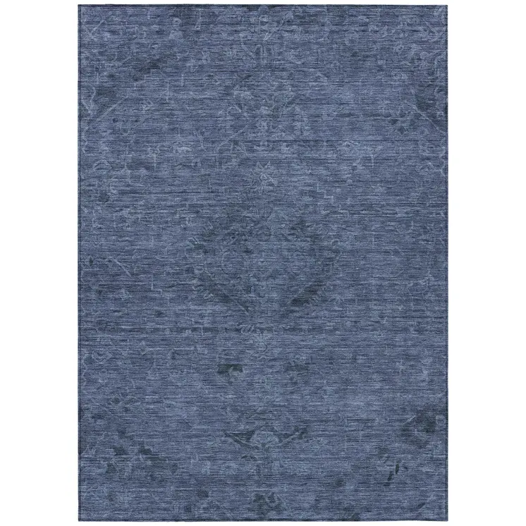 8' X 10' Navy Blue And Charcoal Floral Washable Indoor Outdoor Area Rug