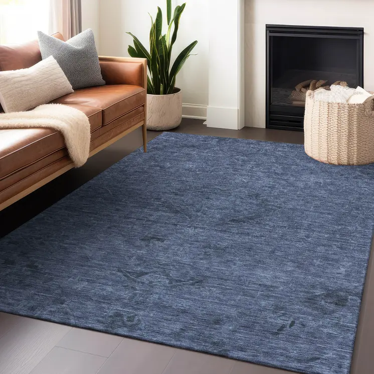 8' X 10' Navy Blue And Charcoal Floral Washable Indoor Outdoor Area Rug